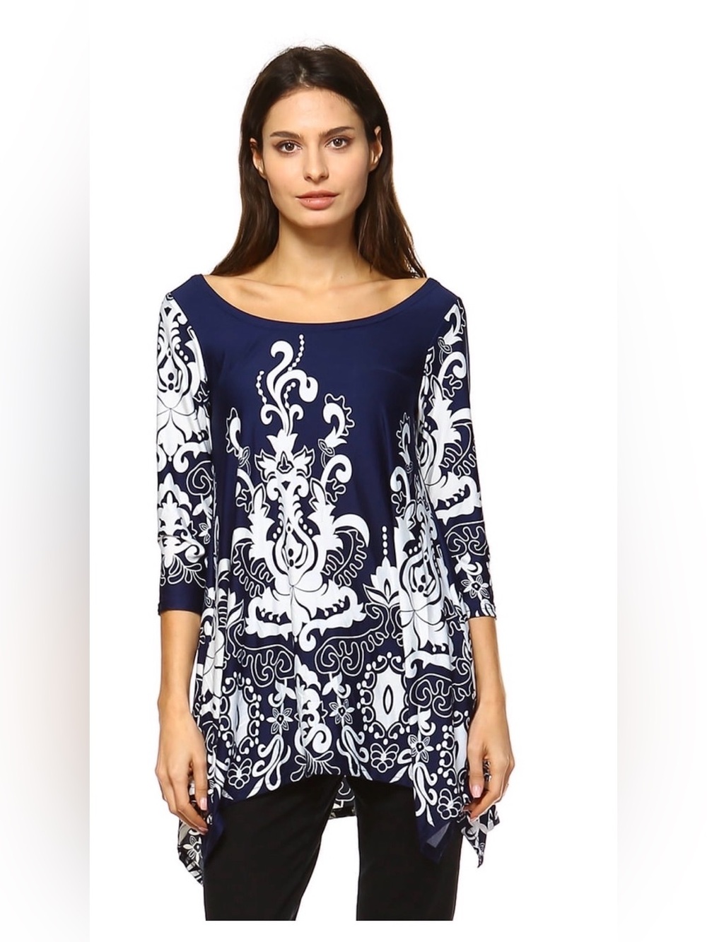 White Mark Navy and White Floral Handkerchief Hem Tunic